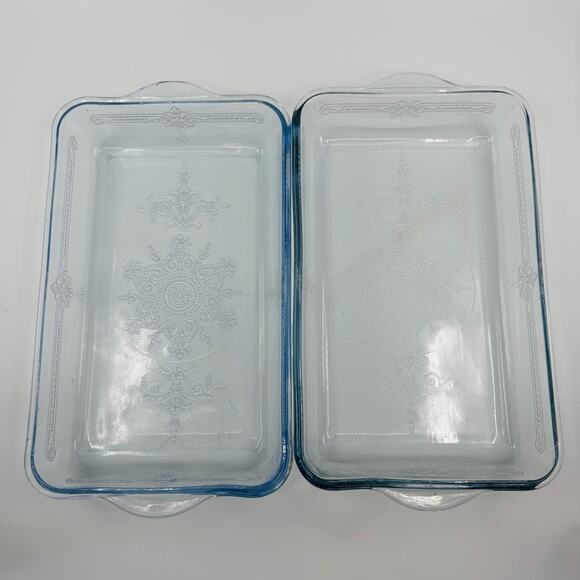 Vintage Fire King Small Glass Bakers Light Blue & Clear Glass w/ Embossed Flower - Picture 1 of 8